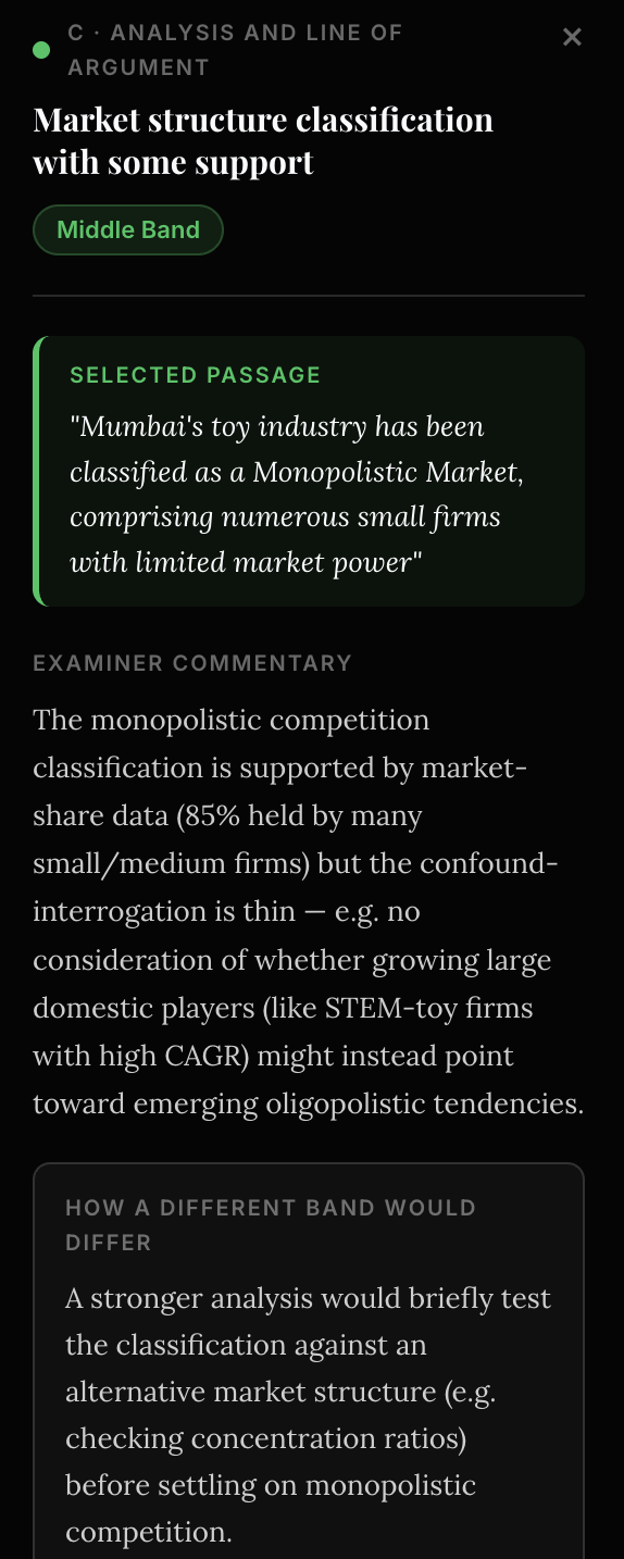 Examiner commentary on a submitted Business Management IA, showing how a different mark band would differ