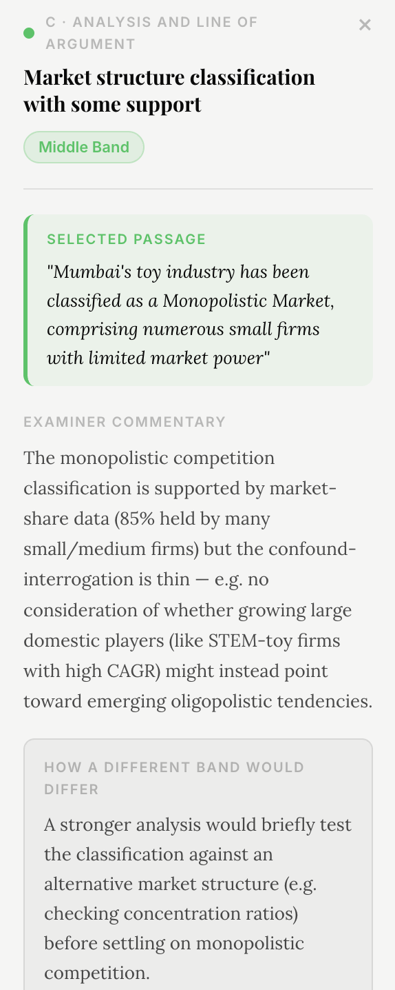 Examiner commentary on a submitted Business Management IA, showing how a different mark band would differ