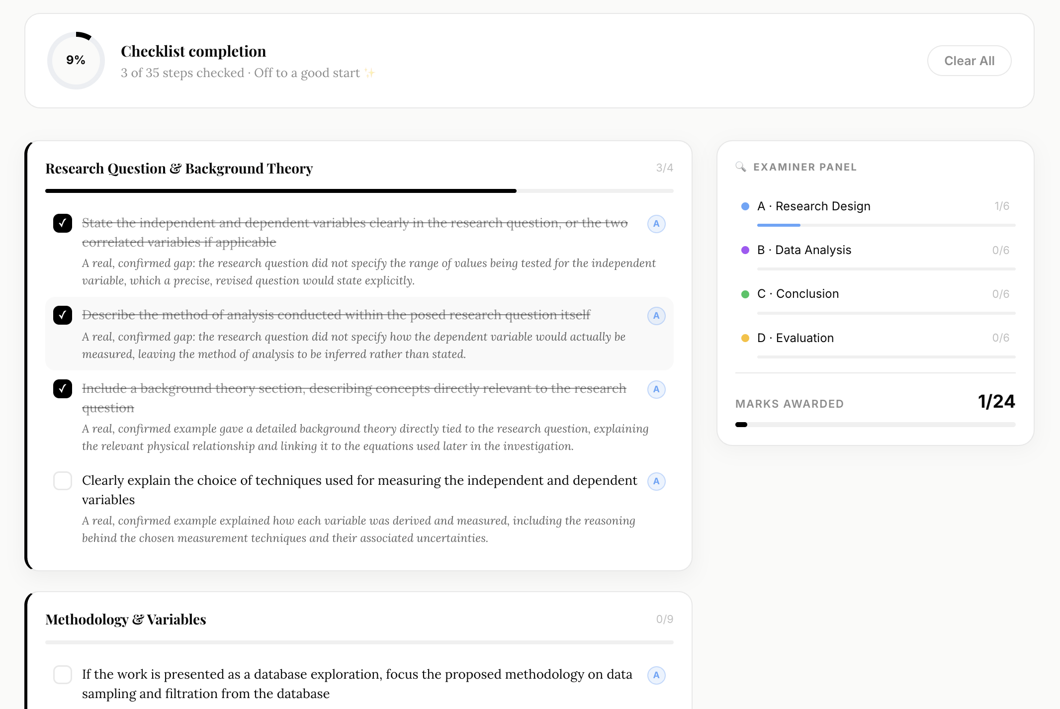 A checklist section with ticked writing steps next to an Examiner Panel deriving live marks from those ticks