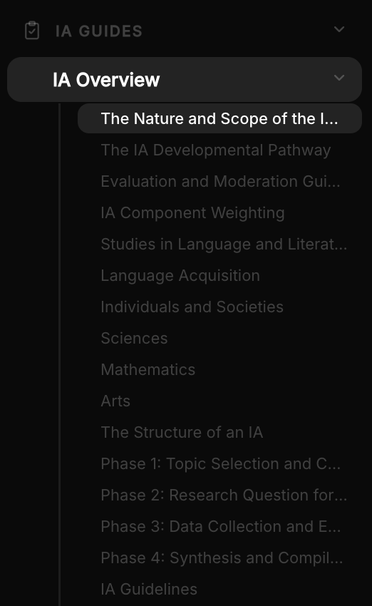 The Curriculum Guides sidebar, grouped by IA, EE, and IO with a per-guide table of contents