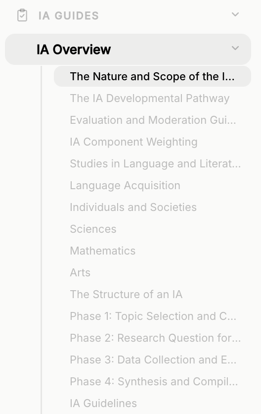 The Curriculum Guides sidebar, grouped by IA, EE, and IO with a per-guide table of contents
