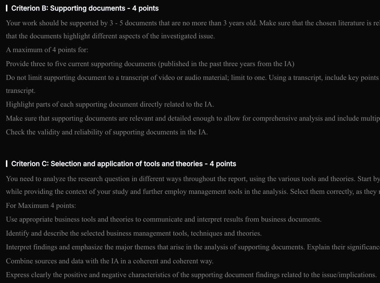 A curriculum guide page showing the full criterion-by-criterion writing guidance