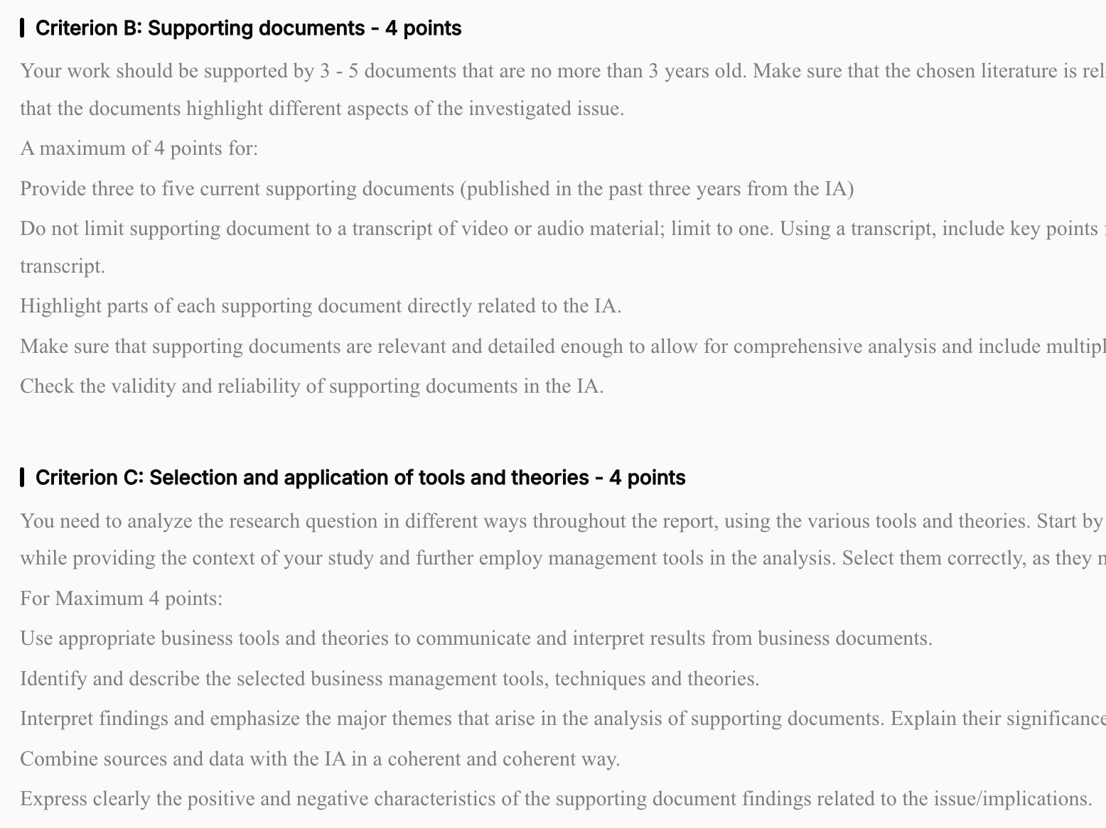 A curriculum guide page showing the full criterion-by-criterion writing guidance