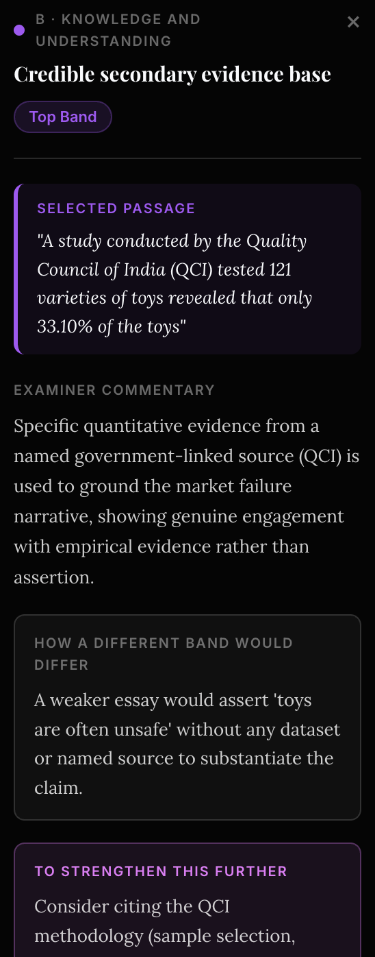 A generated Business Management IA exemplar with a highlighted passage and Examiner Panel commentary explaining why it earns marks