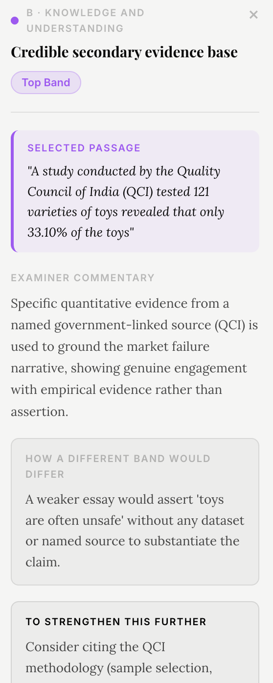 A generated Business Management IA exemplar with a highlighted passage and Examiner Panel commentary explaining why it earns marks
