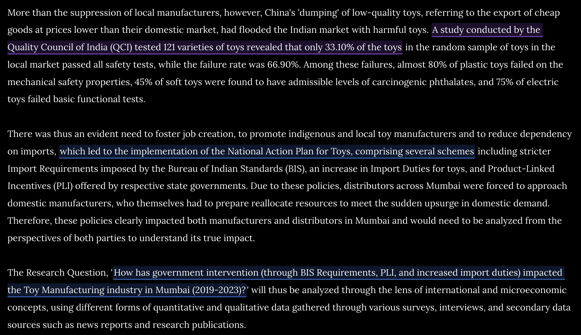 Multiple highlighted passages throughout the same generated essay, each linked to examiner commentary